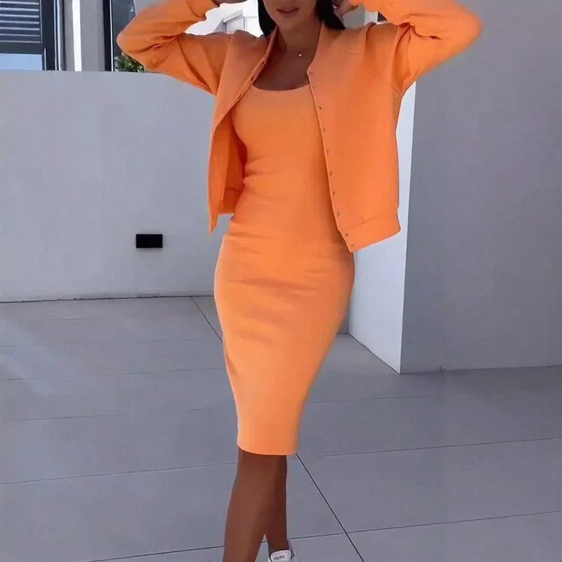 Conjunto Mila™ com Vestido Midi e Cardigã Cropped Abotoado