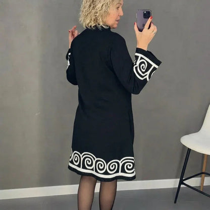Vestido Midi Íris™ com Barra em Padrão Grego e Punhos Ornamentados