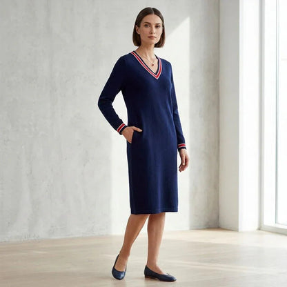Vestido Midi Freya™ com Decote V Contrastante e Bolsos Estilo Sport Chic