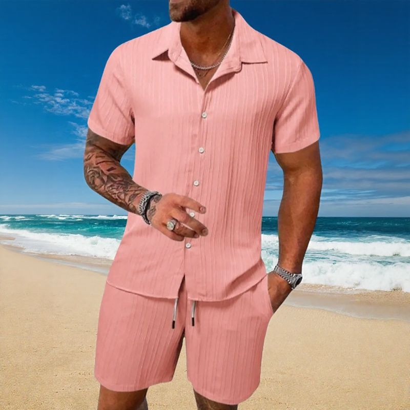 Conjunto Gael™ em Seda Gelo com Camisa Manga Curta e Shorts Ajustável