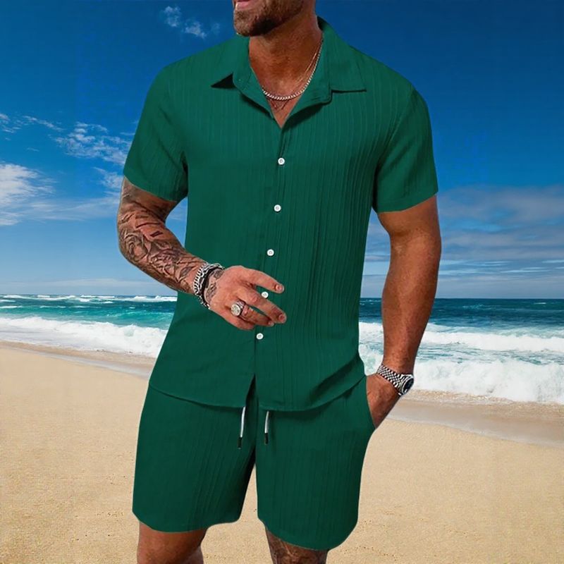 Conjunto Gael™ em Seda Gelo com Camisa Manga Curta e Shorts Ajustável