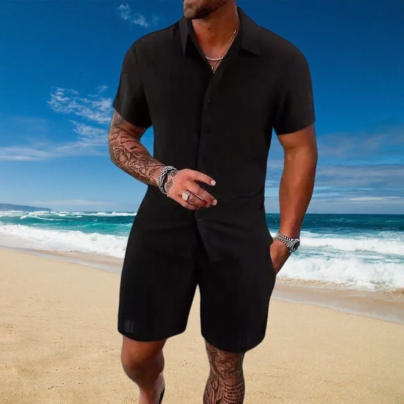Conjunto Gael™ em Seda Gelo com Camisa Manga Curta e Shorts Ajustável
