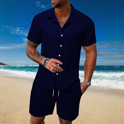 Conjunto Gael™ em Seda Gelo com Camisa Manga Curta e Shorts Ajustável