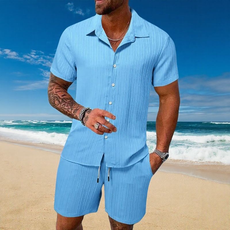 Conjunto Gael™ em Seda Gelo com Camisa Manga Curta e Shorts Ajustável