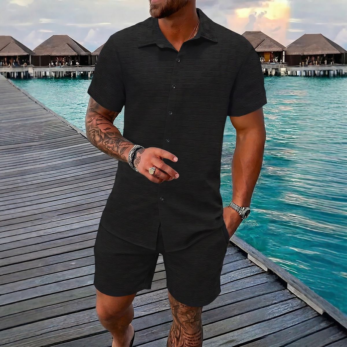 Conjunto Hugo™ em Tecido Texturizado Premium com Camisa de Botões
