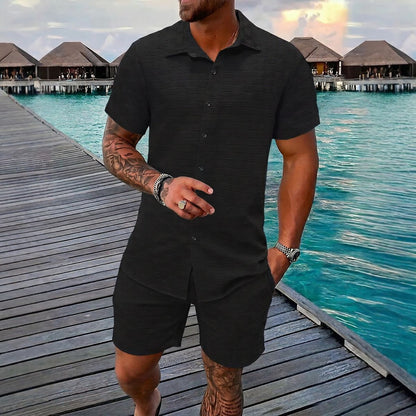 Conjunto Hugo™ em Tecido Texturizado Premium com Camisa de Botões