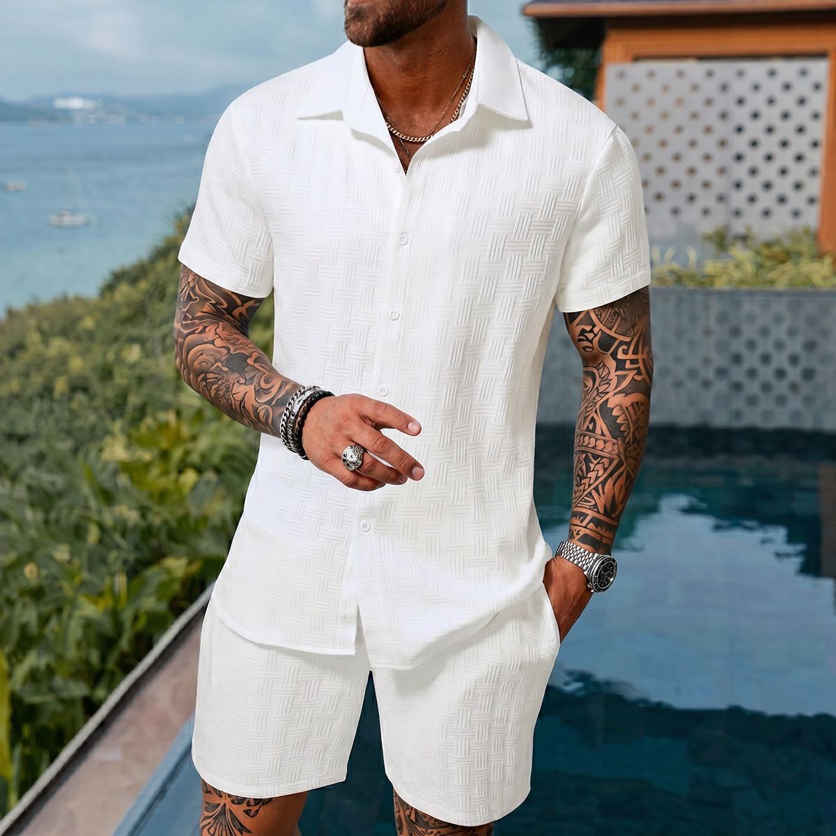 Conjunto Hugo™ em Tecido Texturizado Premium com Camisa de Botões