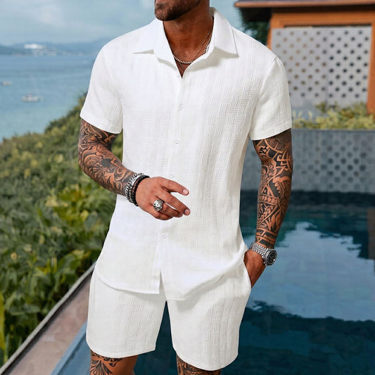 Conjunto Hugo™ em Tecido Texturizado Premium com Camisa de Botões