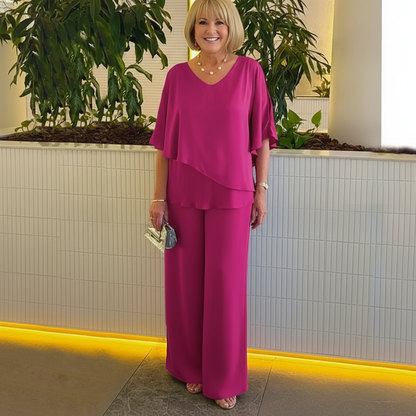 Conjunto Mirelly™ em Malha Premium com Blusa Assimétrica e Pantalona Elegante