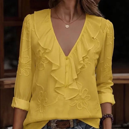 Blusa Anneliese™ Decote em V com Babados Frontais e Bordados Florais
