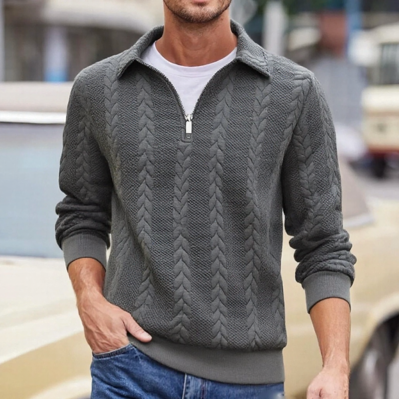 Suéter Carlisle™ em Malha Trançada Premium com Gola Polo e Zíper Metálico