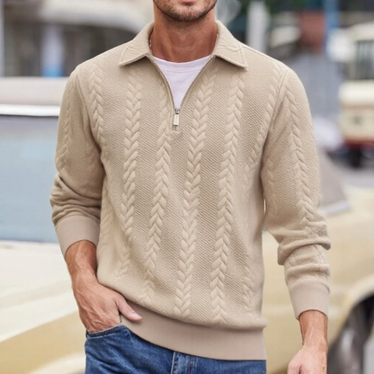 Suéter Carlisle™ em Malha Trançada Premium com Gola Polo e Zíper Metálico