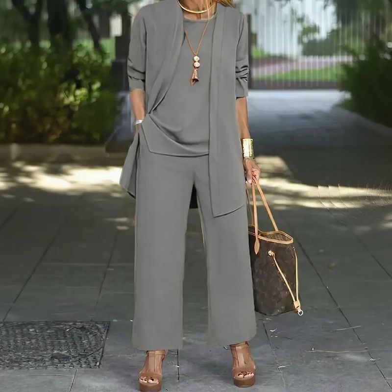 Conjunto Jade™ 3 Peças Minimalista com Calça Pantalona e Cardigan Longo