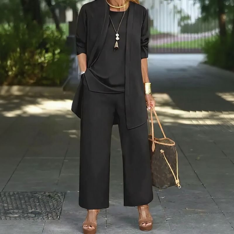 Conjunto Jade™ 3 Peças Minimalista com Calça Pantalona e Cardigan Longo