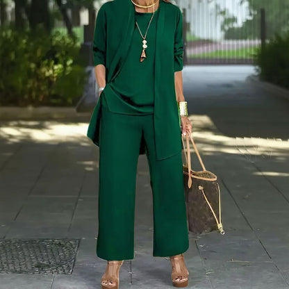 Conjunto Jade™ 3 Peças Minimalista com Calça Pantalona e Cardigan Longo