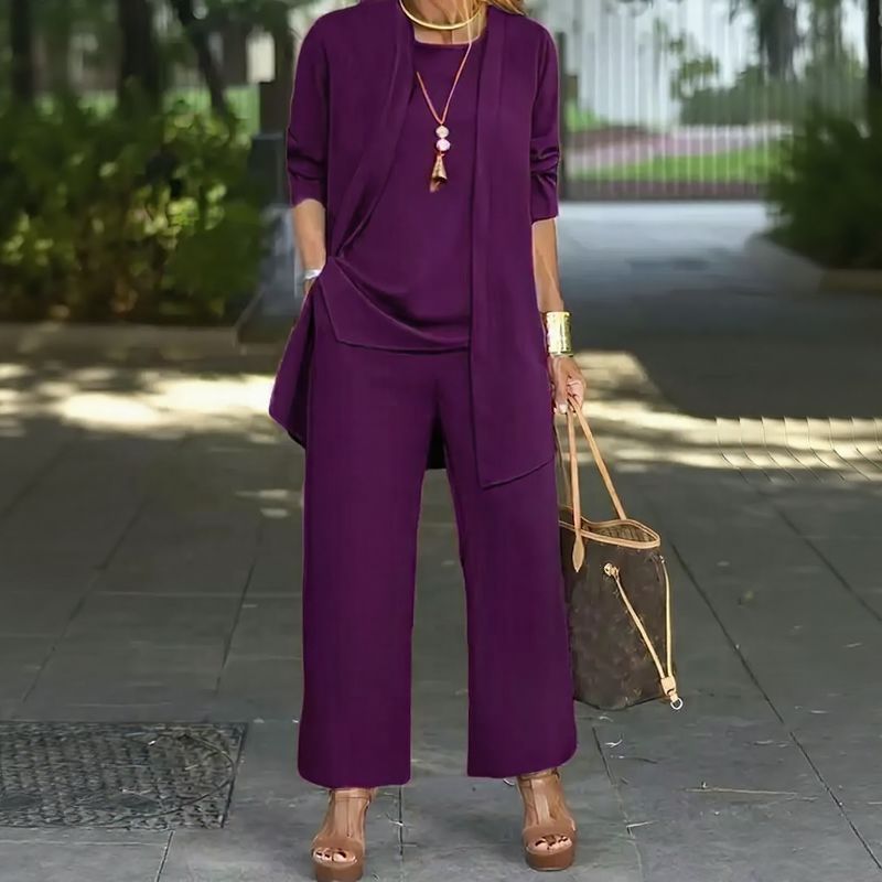 Conjunto Jade™ 3 Peças Minimalista com Calça Pantalona e Cardigan Longo