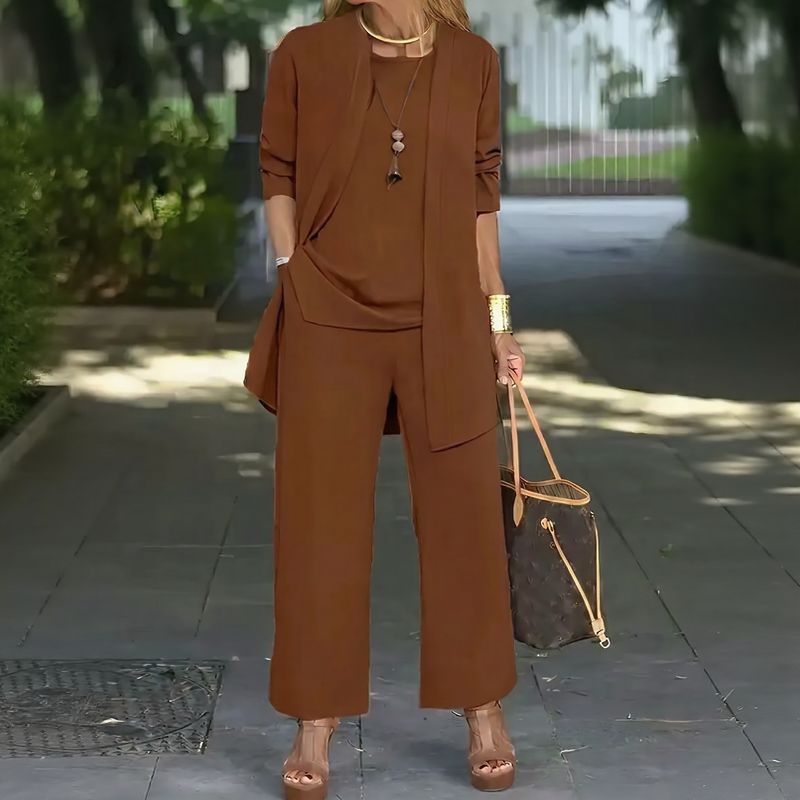 Conjunto Jade™ 3 Peças Minimalista com Calça Pantalona e Cardigan Longo