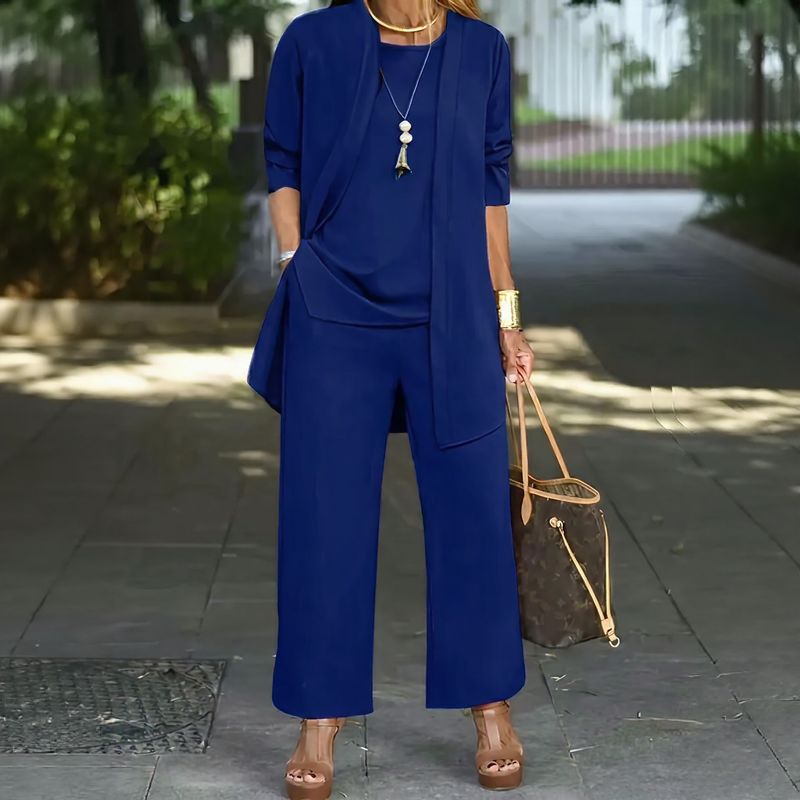 Conjunto Jade™ 3 Peças Minimalista com Calça Pantalona e Cardigan Longo
