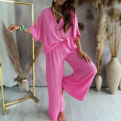 Conjunto Biarritz™ Blusa com Decote em V e Calça Pantalona de Cordão Ajustável
