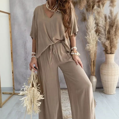 Conjunto Biarritz™ Blusa com Decote em V e Calça Pantalona de Cordão Ajustável