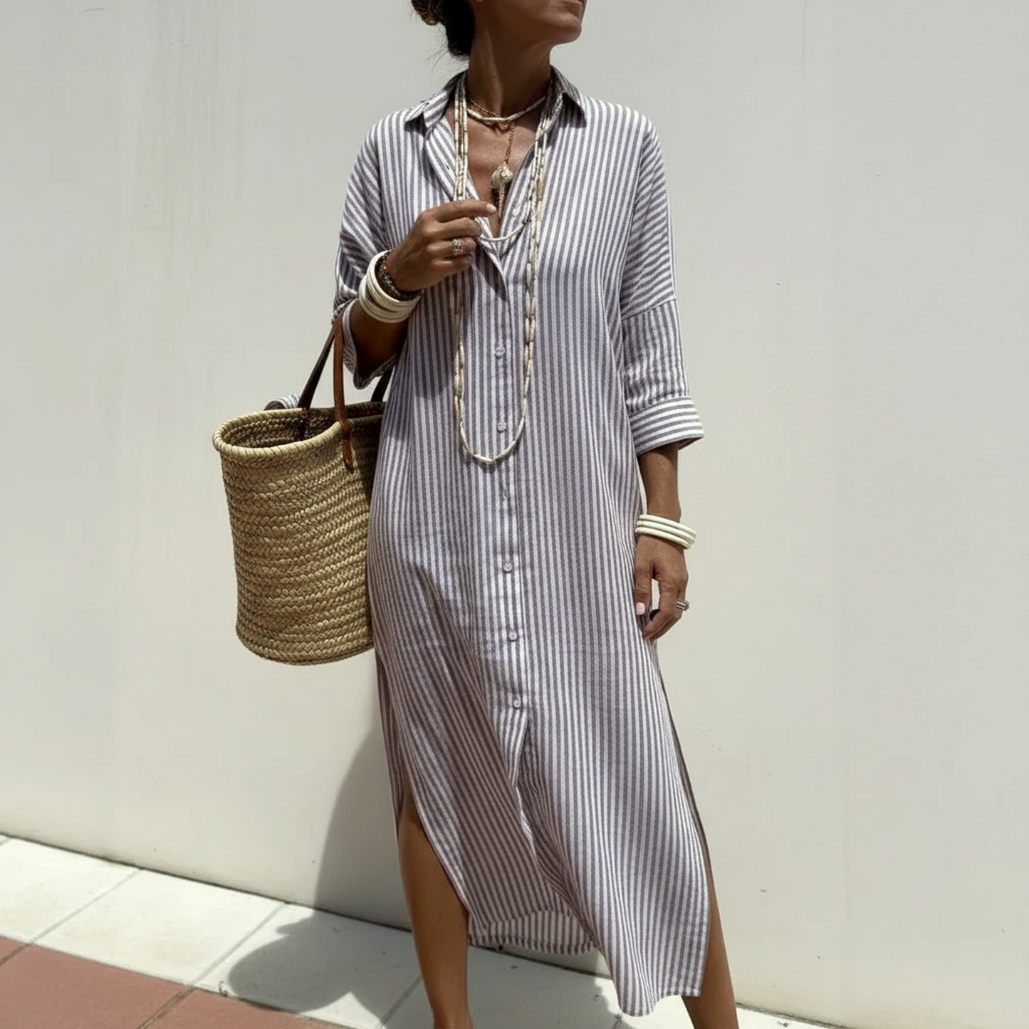 Vestido Bellavita™ Com Listras Verticais e Caimento Fluido
