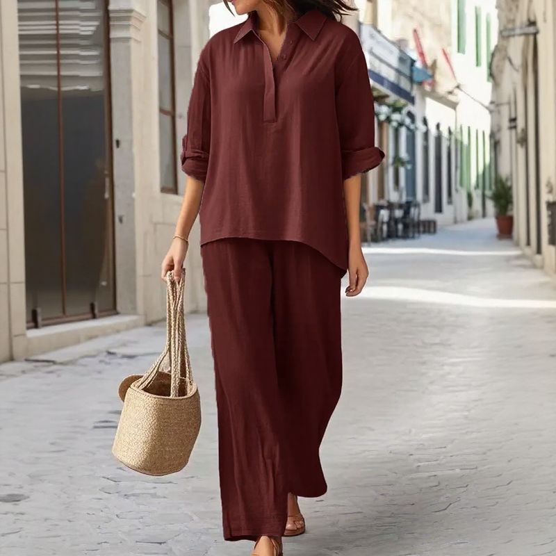 Conjunto Karin™ Camisa Manga Longa com Decote V Abotoado e Calça Pantalona