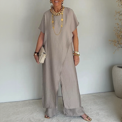 Conjunto Aurenya™ Com Túnica Assimétrica e Pantalona Fluida
