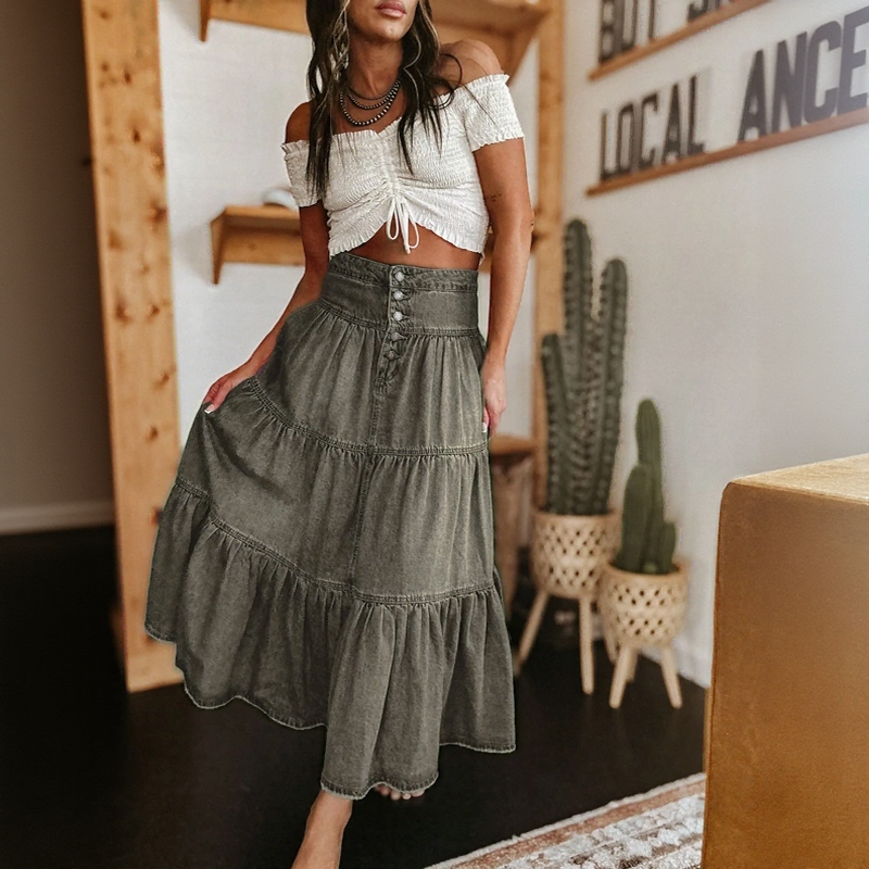 Saia Belle Prairie™ Em Jeans Estonado Com Camadas Fluídas