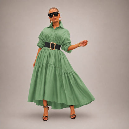 Vestido Midi Lorenne™ Com Modelagem Evasê e Saia em Camadas
