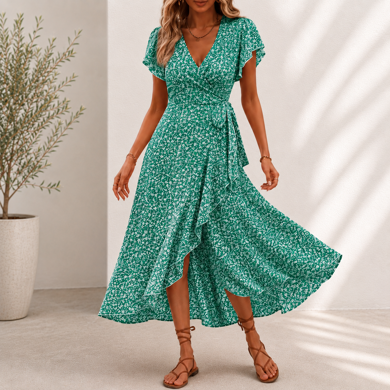 Vestido Midi Floris™ Com Estampa Floral, Saia Evasê Transpassada e Decote em V