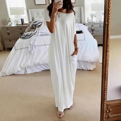 Vestido Longo Daphne™ com Decote Amplo e Bolsos Laterais