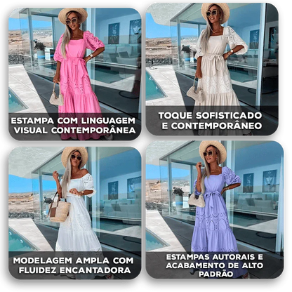 Vestido Carina™ com Bordado Laise e Cintura Marcada / Leveza, Romance e Estilo em Cada Detalhe!
