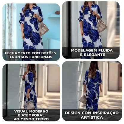 Vestido Letícia™ com Estampa Pincelada Azul e Modelagem Chemise Longa / Arte, Leveza e Sofisticação em Uma Só Peça!