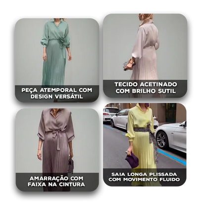 Vestido Lorayne™ em Cetim Plissado  e Gola Chemise / Para Mulheres que Encantam com Sofisticação!