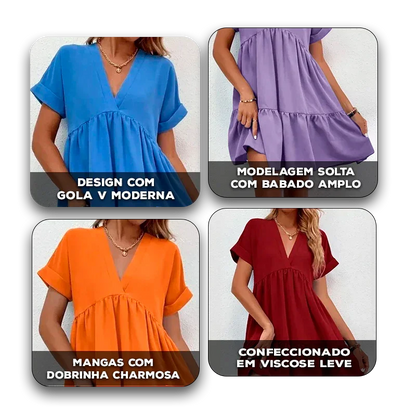 Vestido Viviê™ em Viscose Leve com Babado Amplo e Gola V / Delicadeza Atemporal com Caimento Livre e Sofisticado!