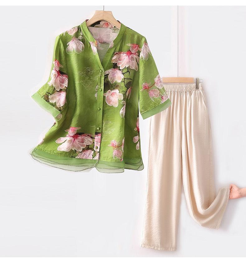 Conjunto Suzana de Camisa Floral + Calça Pantalona / Você Mulher Florescendo em Estilo e Elegância!