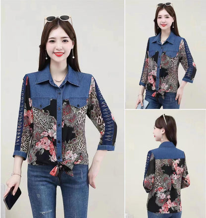 Camisa Jeans Retro Isabella™ com Estampas Estilo Barroco / Charme, Beleza e Conforto Para Deixa Qualquer Mulher Apaixonada!