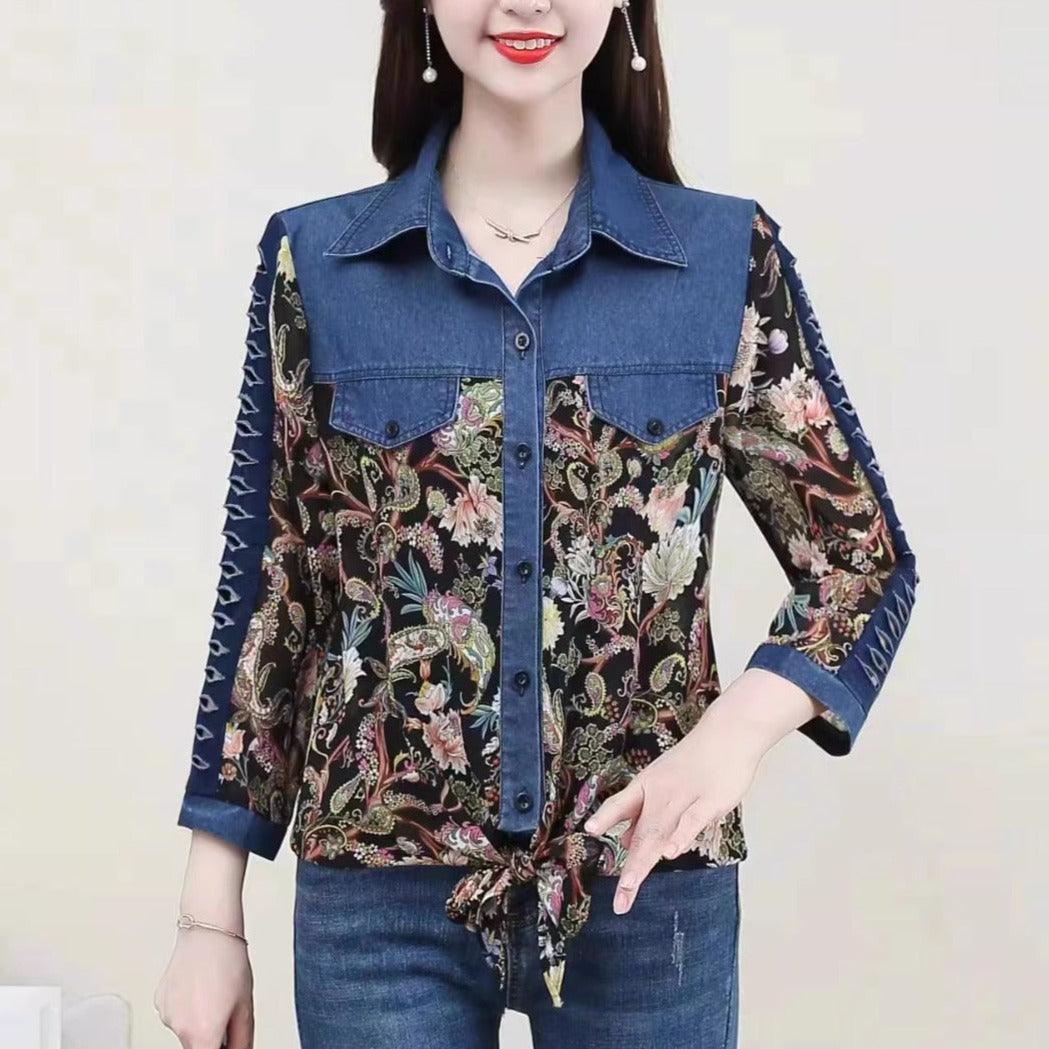 Camisa Jeans Retro Isabella™ com Estampas Estilo Barroco / Charme, Beleza e Conforto Para Deixa Qualquer Mulher Apaixonada!