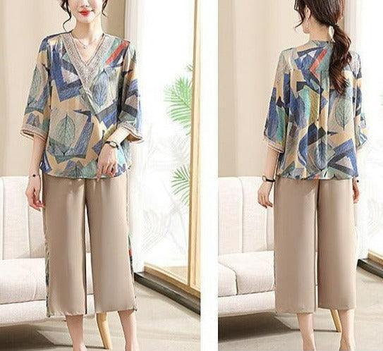 Conjunto Lizandra™ de Blusa Soltinha + Calça Pantalona / Esbanje Luxo com Estampas Abstratas e Chiques em Algodão Soft!