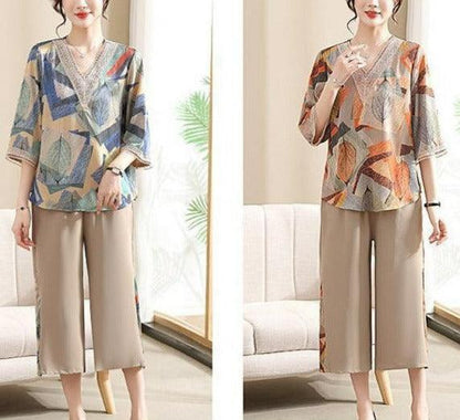 Conjunto Lizandra™ de Blusa Soltinha + Calça Pantalona / Esbanje Luxo com Estampas Abstratas e Chiques em Algodão Soft!