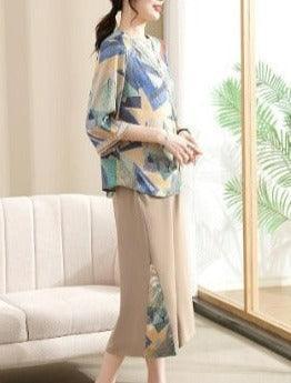 Conjunto Lizandra™ de Blusa Soltinha + Calça Pantalona / Esbanje Luxo com Estampas Abstratas e Chiques em Algodão Soft!