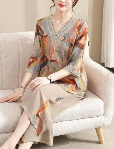 Conjunto Lizandra™ de Blusa Soltinha + Calça Pantalona / Esbanje Luxo com Estampas Abstratas e Chiques em Algodão Soft!