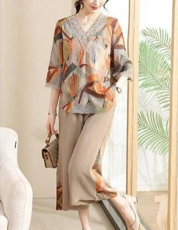 Conjunto Lizandra™ de Blusa Soltinha + Calça Pantalona / Esbanje Luxo com Estampas Abstratas e Chiques em Algodão Soft!