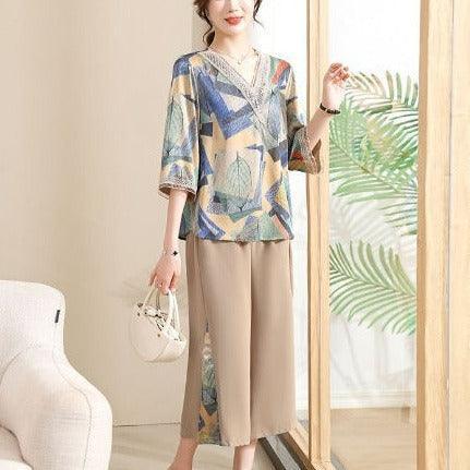 Conjunto Lizandra™ de Blusa Soltinha + Calça Pantalona / Esbanje Luxo com Estampas Abstratas e Chiques em Algodão Soft!