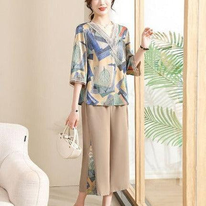 Conjunto Lizandra™ de Blusa Soltinha + Calça Pantalona / Esbanje Luxo com Estampas Abstratas e Chiques em Algodão Soft!