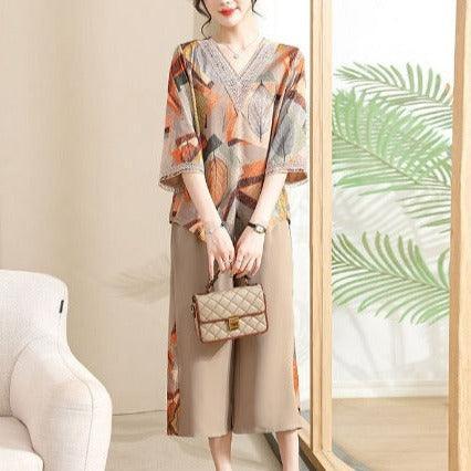 Conjunto Lizandra™ de Blusa Soltinha + Calça Pantalona / Esbanje Luxo com Estampas Abstratas e Chiques em Algodão Soft!