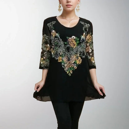 Blusa Giardino Dupla Camada em Chiffon Premium™ / Delicadeza das Mangas Translúcidas e Bordado Sofisticado!