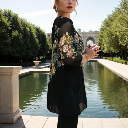 Blusa Giardino Dupla Camada em Chiffon Premium™ / Delicadeza das Mangas Translúcidas e Bordado Sofisticado!