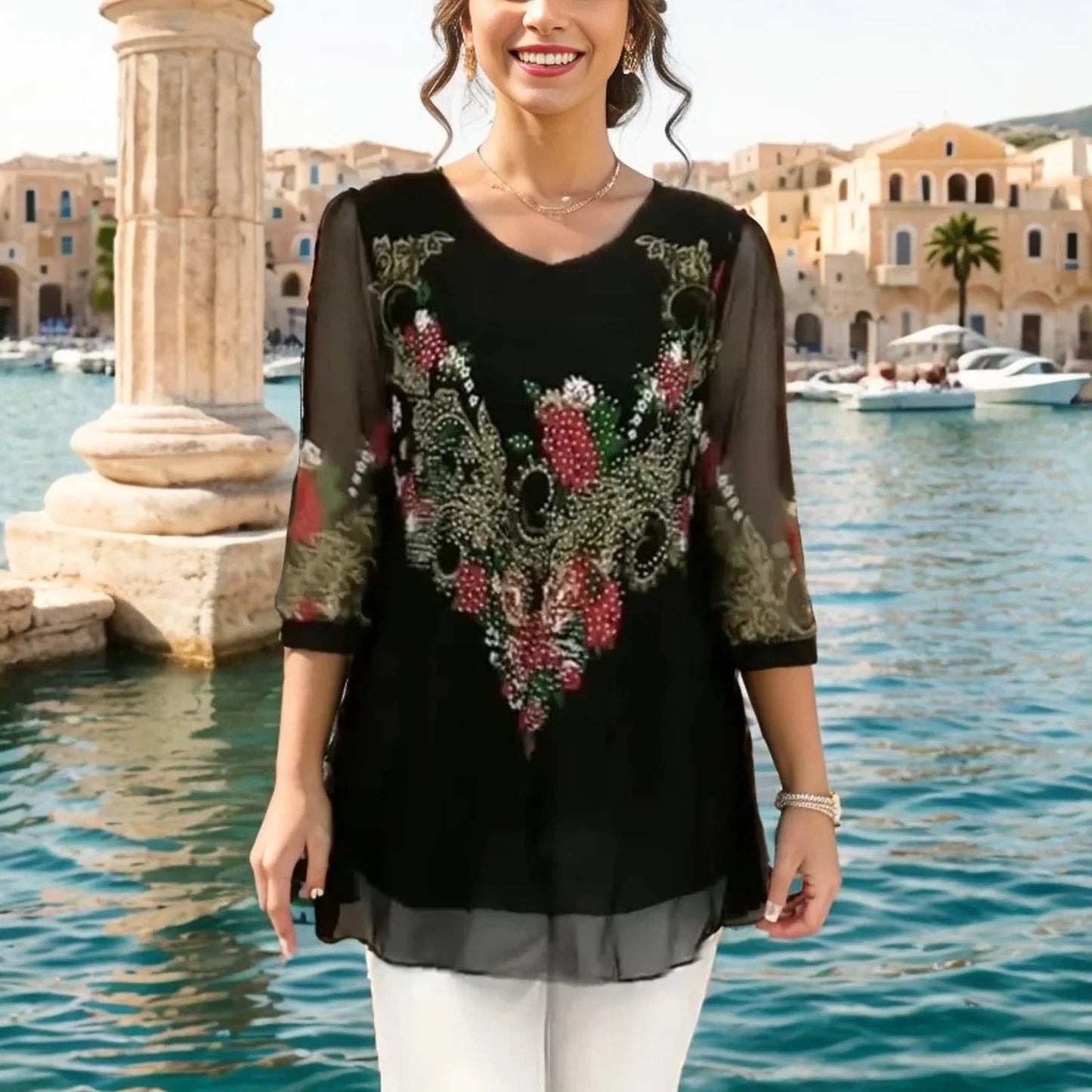 Blusa Giardino Dupla Camada em Chiffon Premium™ / Delicadeza das Mangas Translúcidas e Bordado Sofisticado!