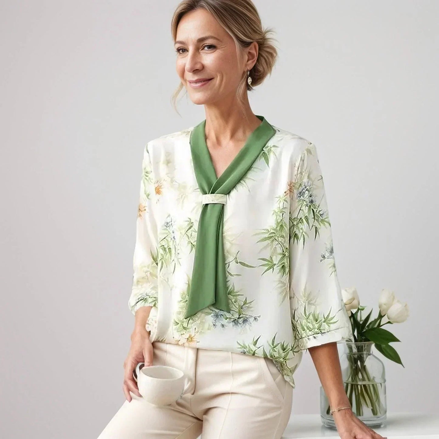 Blusinha Joana d'Arc™ com Gola Aeromoça  / Seda Gelo com Elastano para Elegância e Conforto!